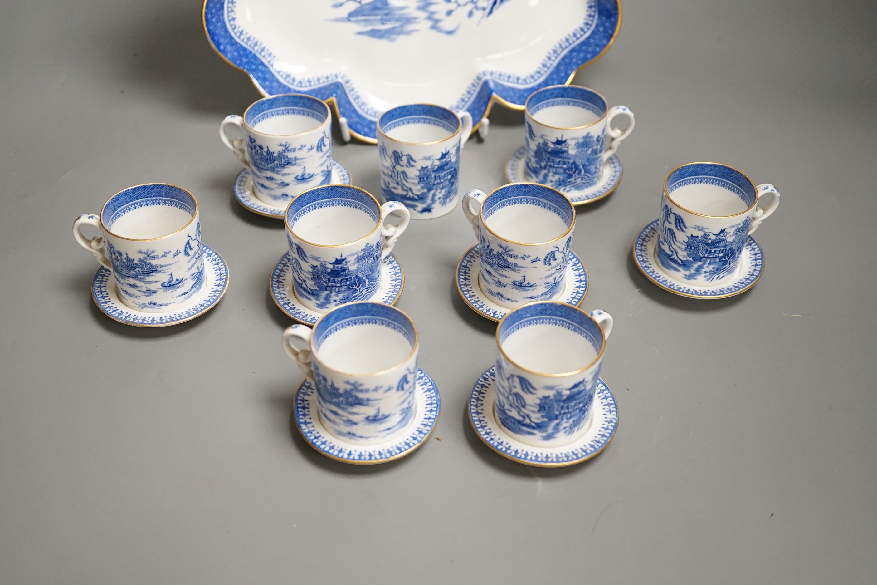 A Copeland blue and white Willow pattern part coffee set including a tray